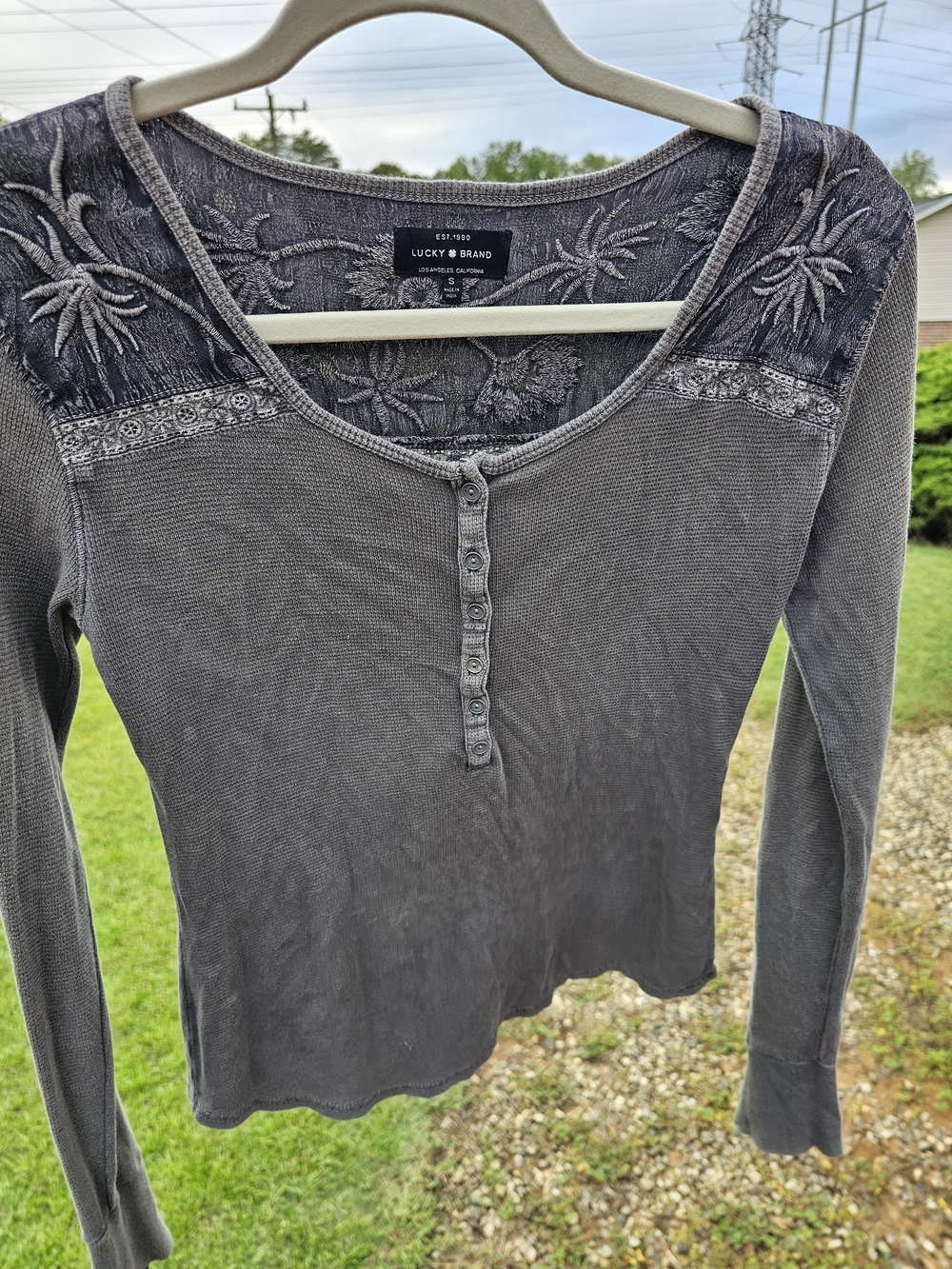 Lucky Brand Women's Gray Long-Sleeve Henley with Embroidered Yoke